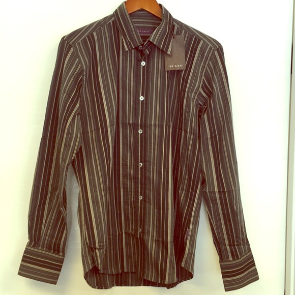 Ted Baker 4 Dress Shirt Gray, black tan pinstriped - Picture 2 of 6